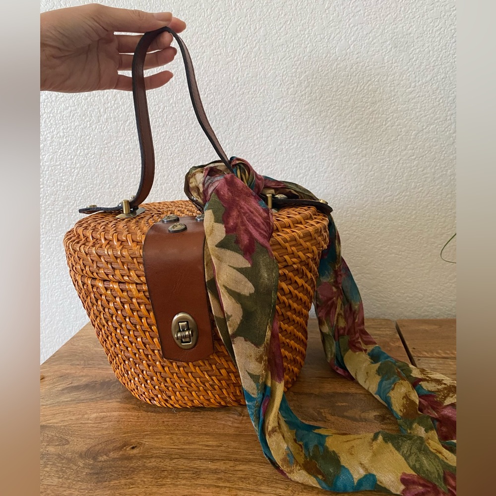 PATRICIA NASH Woven Wicker Basket Bag with Floral Scarf